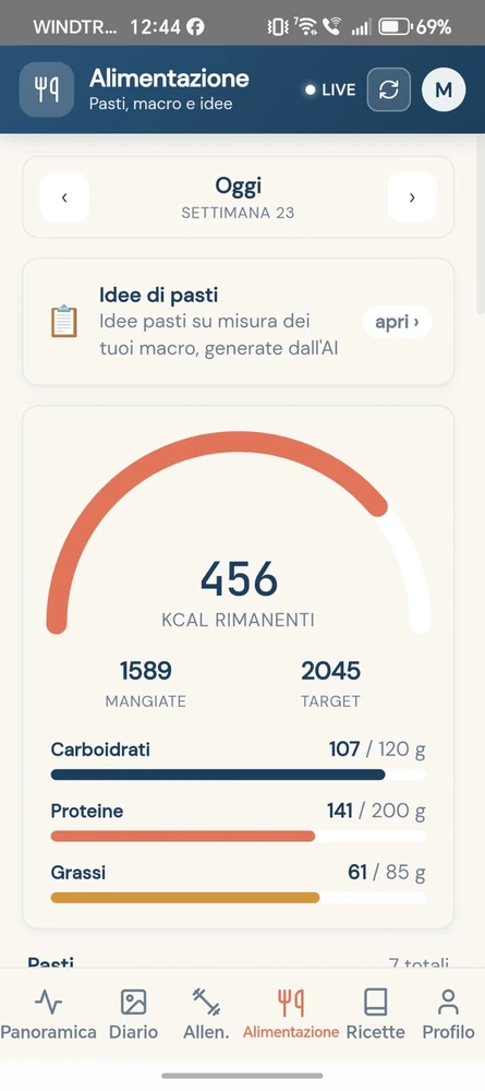 Schermata Alimentazione di vivio con le barre di proteine, carboidrati e grassi della giornata.