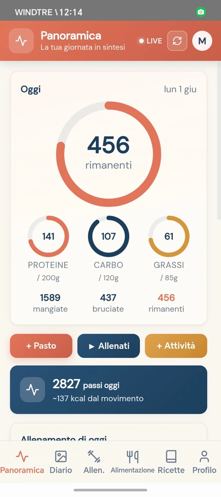 La schermata Panoramica di vivio: 456 calorie rimanenti, gli anelli dei macronutrienti, i passi e l'allenamento del giorno.