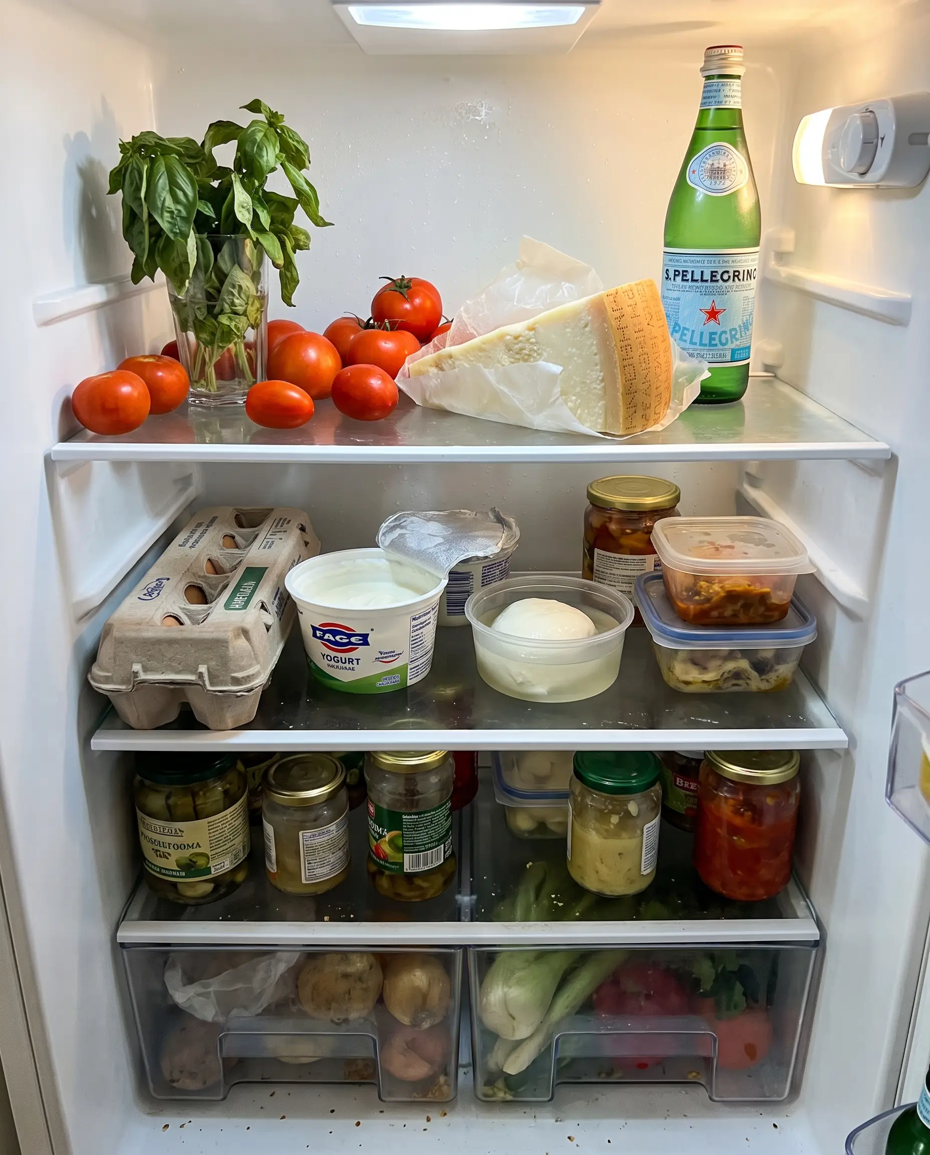 L'interno di un frigo di casa aperto: basilico, pomodori, parmigiano, uova, mozzarella e yogurt. È l'input da cui Chef IA ricava tre ricette.
