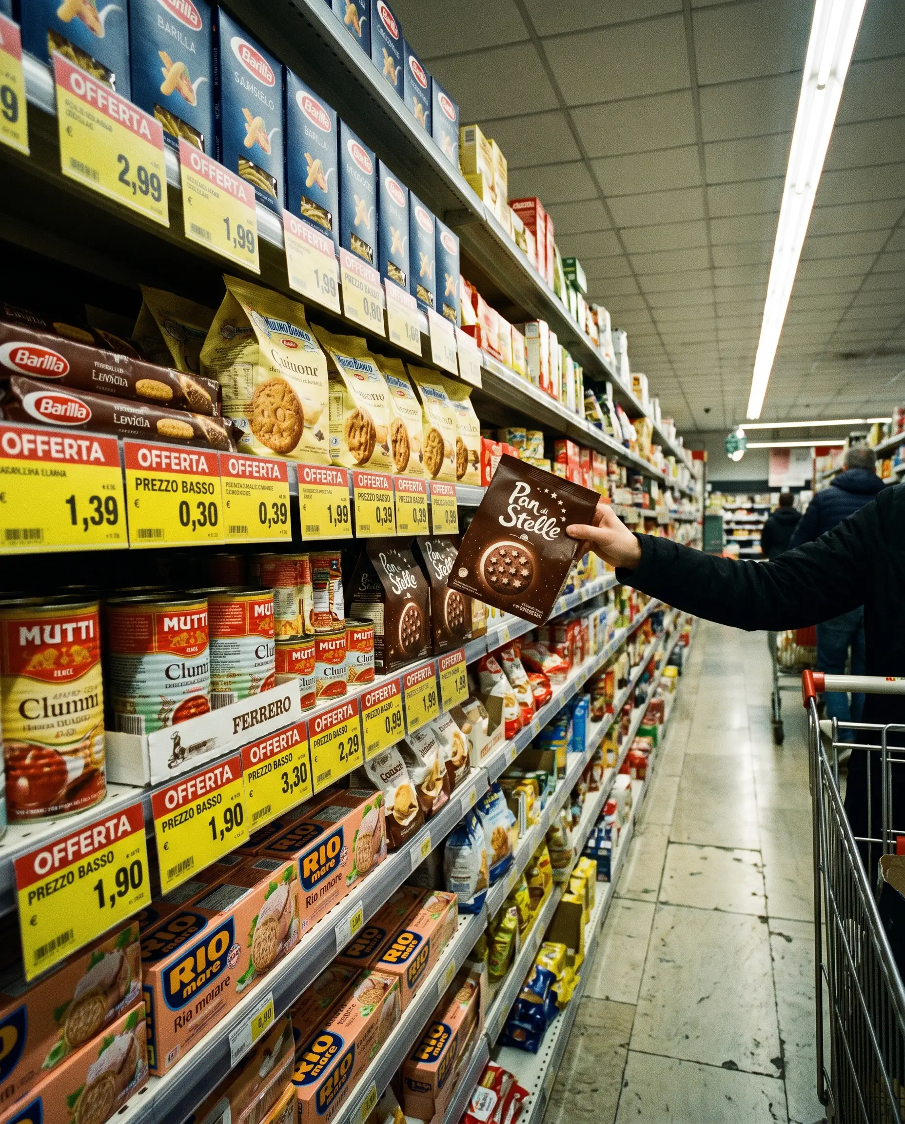 La corsia di un supermercato italiano con Barilla, Mulino Bianco, Mutti e Pan di Stelle e i cartellini gialli delle offerte: i prodotti che vivio riconosce.