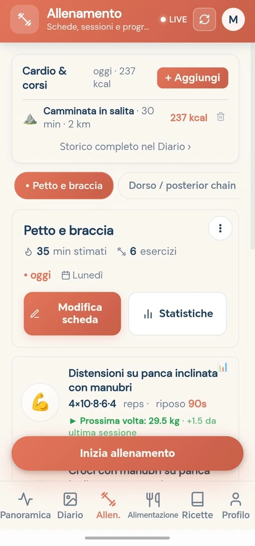 Schermata Allenamento di vivio con la scheda del giorno e i carichi suggeriti serie per serie.